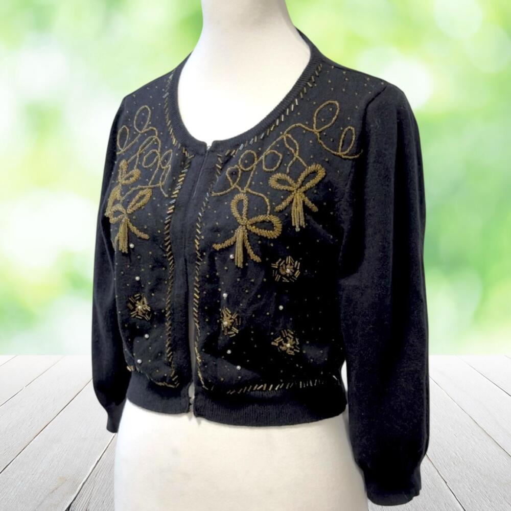 Vintage XXI Hand Beaded Cardigan Gold Bow Cropped Coquette Retro Black Size XS/S